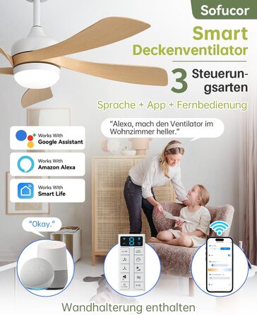 Стельовий вентилятор з підсвічуванням Sofucor Smart 132 см, управління Alexa/APP, пульт, 3 режими світла, таймер, 6 швидкостей, тихий DC мотор для вітальні (колір Log)