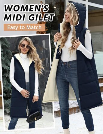 Жіноча степкова жилетка Vancavoo з капюшоном для осені/зими. Тепла жилетка з флісу, темно-синього кольору, розмір S.