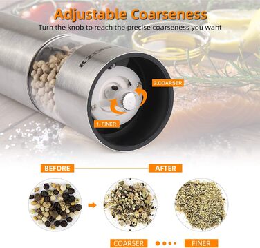 Електричні мельниці для солі та перцю (2 шт.) з LED-підсвіткою, керамічні жорна, регулювання помелу, нержавіюча сталь