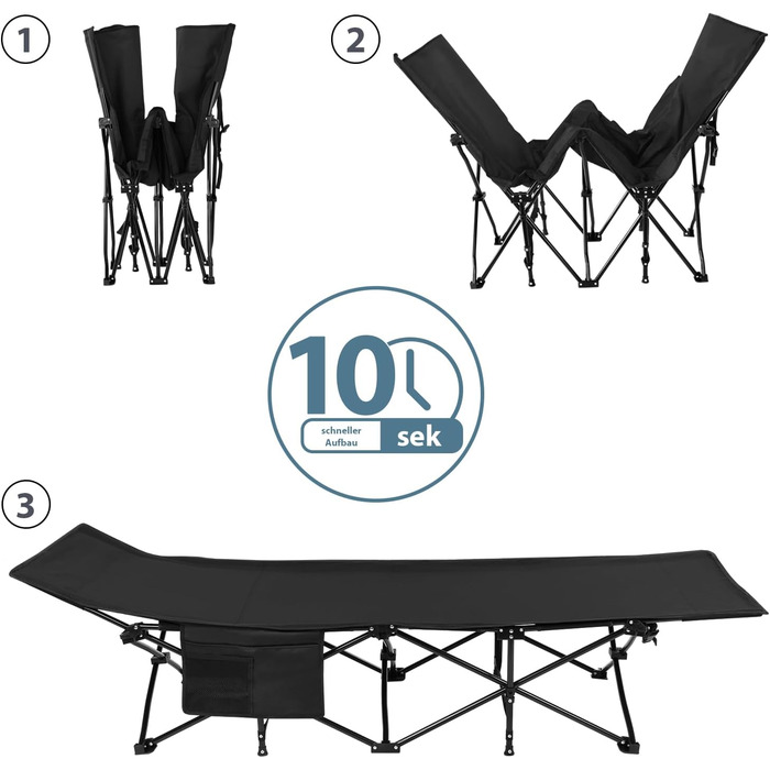 Кемпінгове ліжко Alpidex: розкладне, з кишенею, для відпочинку та гостей, чорне