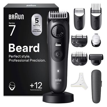 Триммер для бороди Braun Series 7 BT7420 Сірий: Акумуляторний, Водонепроникний, 40 налаштувань довжини + 12 насадок, Gillette Fusion5