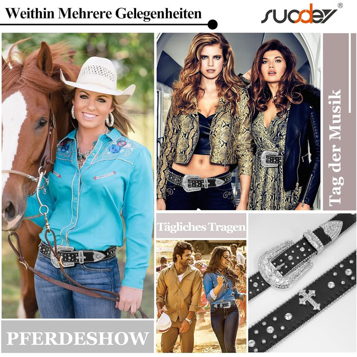 Чоловічий/Жіночий шкіряний ремінь SUOSDEY з стразами, декоративним хрестом, стиль ковбойський/вестерн, ширина 3.8 см, колір чорний/білий, довжина 115 см, підходить для талії 84-98 см