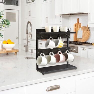 Vintage Mug Holder with 8 Hooks, Coffee Cup Holder for Kitchen Countertop, Cup Rack with Storage Base, for Kitchen Dining Room Cafe 40 x 15 x 40 cm, TBJ002H (with Shelf, Black)