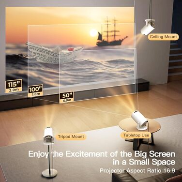 Портативний проєктор LYNCAST з Wi-Fi, Bluetooth та Android 11, 1080P/4K, поворотний на 180°, для дому та на відкритому повітрі (OptiBarrel 005 White)