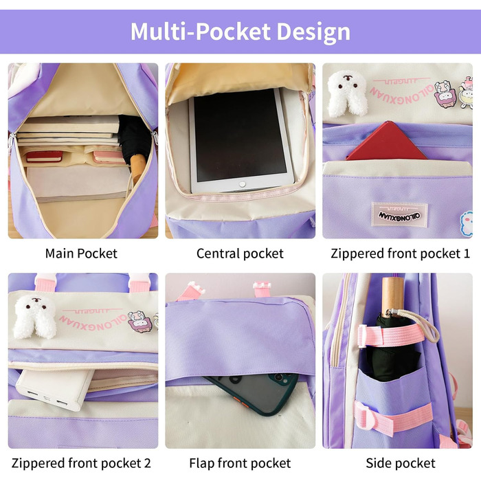 Набір шкільних рюкзаків IvyH 5-ти частинний: рюкзак, пенал, сумка для підручників, нагрудна сумка, сумка для покупок. Для дівчаток 3-7 класів. Рожевий колір.