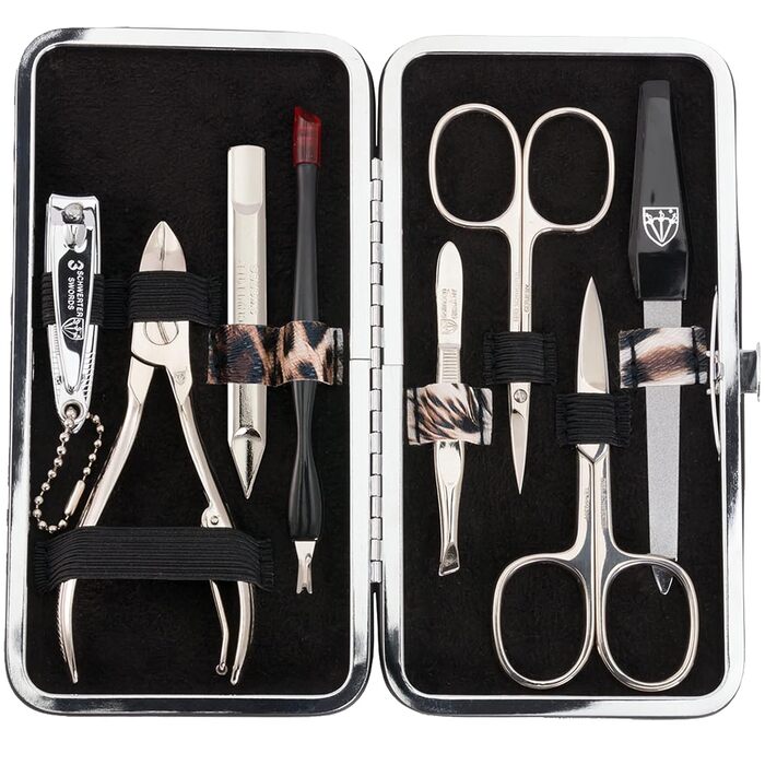 Набір для манікюру DREI SCHWERTER 'Sanremo' - Німецька якість | Преміум набір для манікюру в чорному еко-шкіряному етою | Містить: ножиці для нігтів, ножиці для кутикули, щипці для нігтів, пінцет, напільниковий баф з сапфіру та багато іншого!