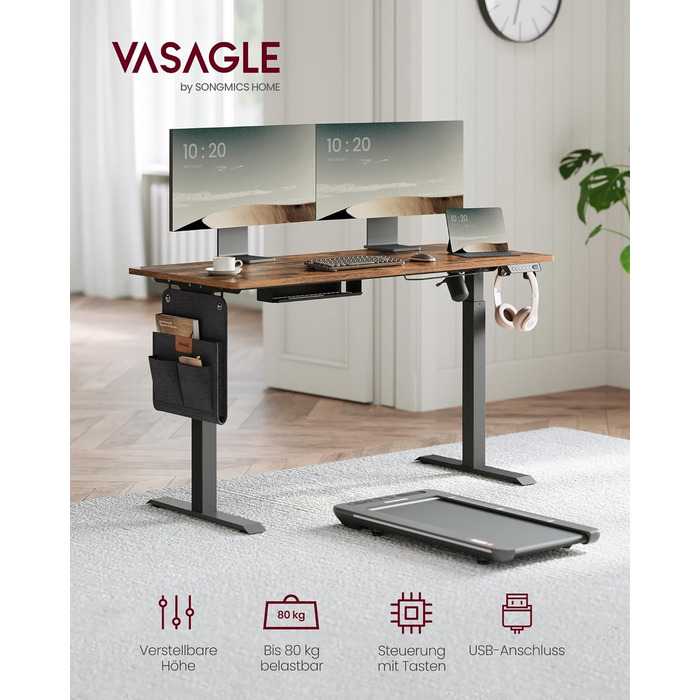 VASAGLE Electric Height Adjustable Desk, 60 x 120 x (72-120) cm, Memory Function, Wood & Steel Frame, Vintage Brown