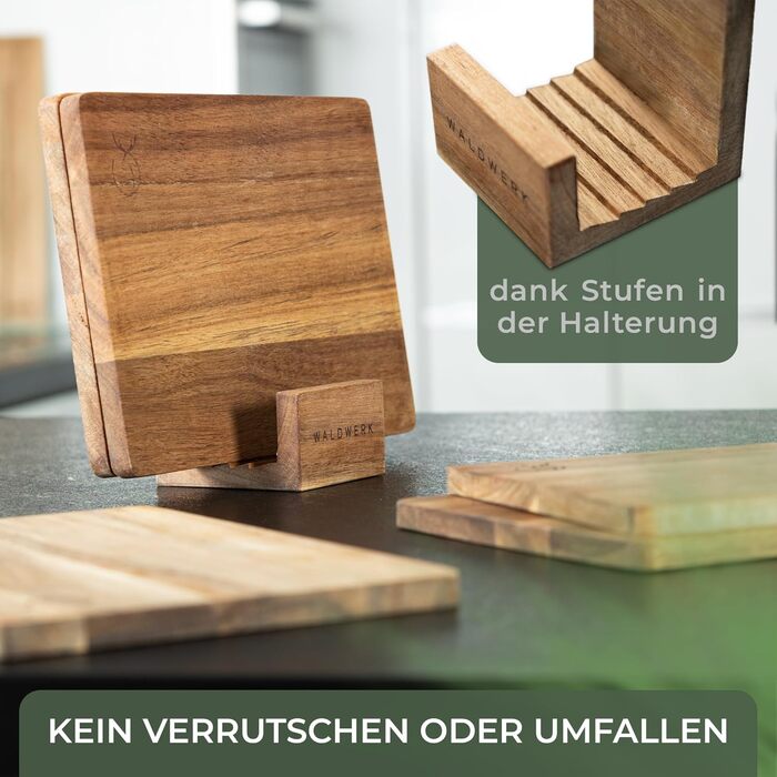 WALDWERK Breakfast Boards Set of 5 (23 x 16 x 1 cm) made of solid acacia wood - Wooden breakfast boards with stand - 5 wooden cutting boards - Boards perfect for breakfast
