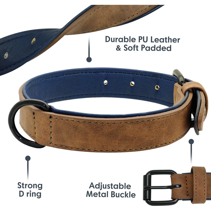 Нашийник для собак Didog з м'якої шкіри, регульований, з нержавіючою металевою застібкою, L (33-43 см, 10-20 кг, Колір: Коричневий)