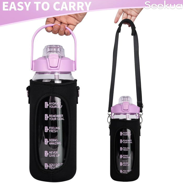 2L Glass Bottle | Glass Drinking Bottle with Straw & Time Marker, Leak-Proof 2 Liter Large Glass Water Bottle for Smoothies, Carbonated Drinks Suitable, Dishwasher Safe