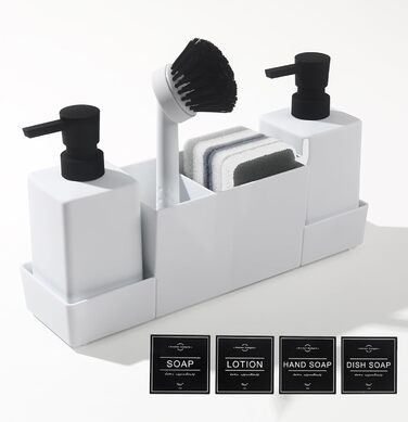 Dish Soap and Hand Soap Dispenser Kitchen Set with Sponge Holder and Brush, Dish Soap Dispenser Kitchen Black, Soap and Dish Soap Dispenser Set Kitchen Gadget Sink Organizer with Soap Dispenser (White, 4 in 1)
