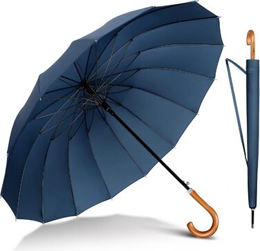 NINEMAX Large Windproof Umbrella - Wooden Handle Walking Umbrella for Men & Women - 16 Ribs Automatic Open - 2 Person Capacity (Navy Blue)