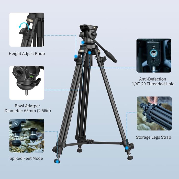 SMALLRIG штатив відео 158 см з fluid-головкою 360°, легкий штатив для камери з алюмінієвого сплаву, QR-плата, підйомний трос, для DSLR, відеокамер, 5 кг, AD-50Lite - 4684