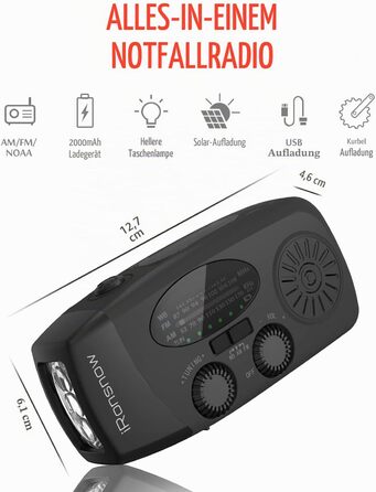Сонячна радіостанція iRonsnow з ручним заводом, ліхтариком LED, 2000mAh AM/FM, USB зарядка, Powerbank, для походу, кемпінгу (Чорний)