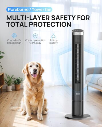 Вентилятор Pureborne Leiser: Турбо-вентилятор з осциляцією 90°, Wi-Fi, пульт, 4 режими, таймер 12 год, чорний, 102 см