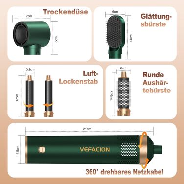 Мультистайлер для волосся 5-в-1 Air Styler 1000W: фен-щітка, автоматичний локон, вирівнювач та об'ємний стайлер, зелений