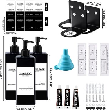 Набір з 3 дозатори для мила Roselee на стіну, 500 мл, без свердління, для душу, шампуню, ванни, чорний