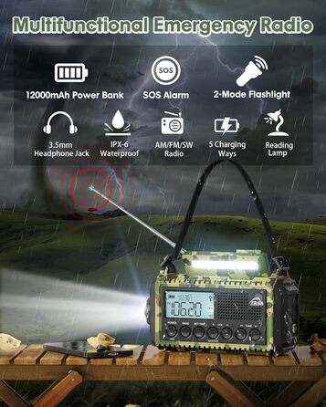 Радіо Kurbelradio на сонячній батареї та з ручкою, 12000mAh, AM/FM/SW, USB-зарядка, SOS-сигнал, ліхтарик, для кемпінгу та надзвичайних ситуацій, зелений камуфляж