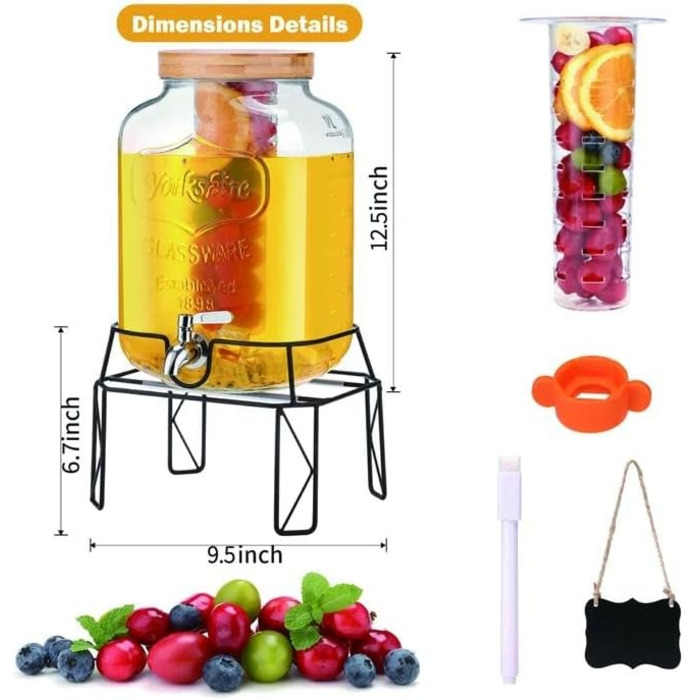 Скляний диспенсер для напоїв 7.6L зі стійкою, з нержавіючою сталею та бамбуковим кришками, для вечірок та свят