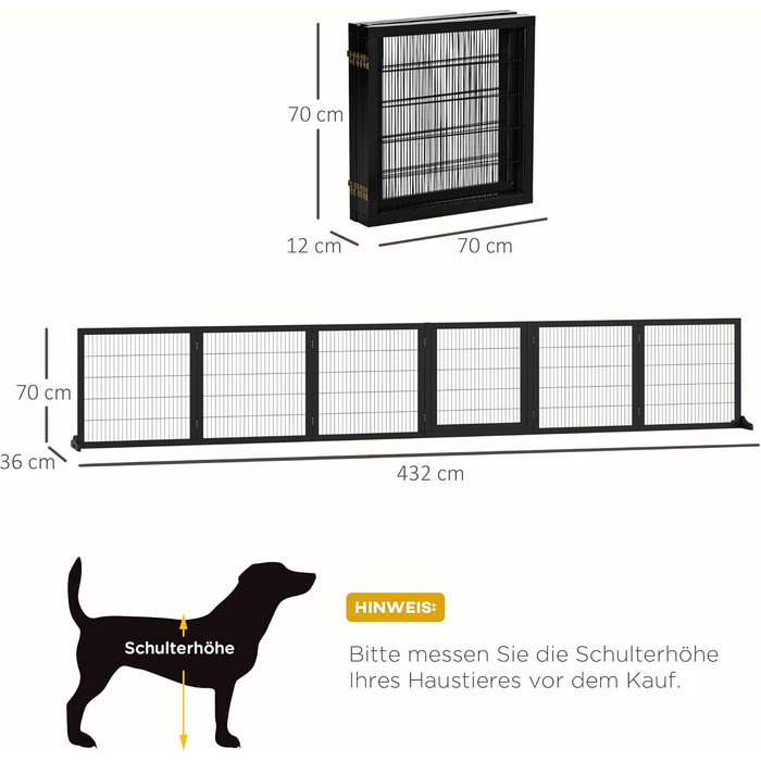 Захисне ґратка для собак PawHut - регульоване, вільне стояння, 70H x 432B см, 6 панелей, чорний