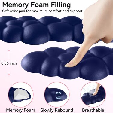 Набір ергономічних підставок для зап'ясть Sushret з ефектом пам'яті (Memory Foam): підставка під клавіатуру та килимок для миші, протиковзні, для геймінгу та офісу, темно-синій, для повнорозмірного формату
