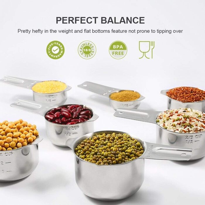 Set of 7 Measuring Cups with 1/8 Cup Coffee Scoop, Stainless Steel Metal Measuring Cups, 7-Piece Stackable Set with Spout - Accurate Measurement