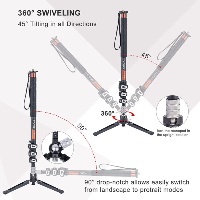 Штатив монопод Cayer з вуглецевого волокна, 172.7 см, телескопічний, для DSLR та відеокамер