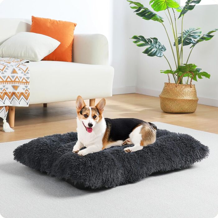 Dog Bed, Fluffy Dog Mats, Longer Plush Dog Cushion, Washable, Non-Slip Bottom, 110 cm for Medium and Large Dogs, (L 90 x W 60 x H 10 cm, Dark Grey)