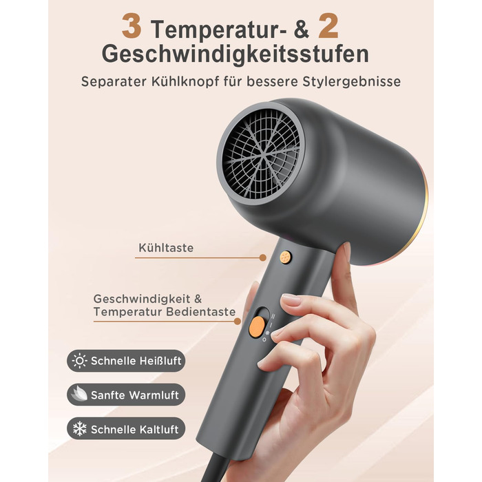 Іонний фен з насадкою-дифузором DEWILY 1800W, Швидке сушіння, Кнопка холодного/гарячого повітря, Термостат, 3 температури, 2 швидкості, Концентратор, Фен для локонів (Чорний+Золотий)