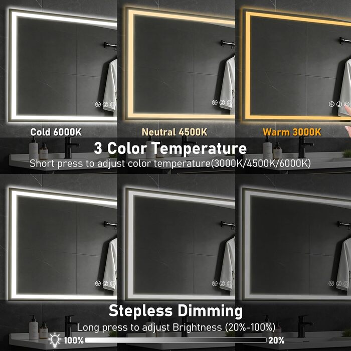 Дзеркало для ванної кімнати 50x70 см з LED-підсвічуванням, антизапарник, диммер, 3 кольори світла, Bluetooth