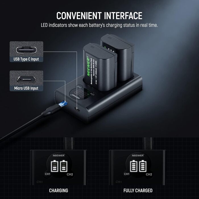 Запасний акумулятор та зарядний пристрій NEEWER для Panasonic Lumix DC-S5, GH5 II, S5II, GH6, S5 IIX, S9 (2 шт., 2400mAh, USB-C)