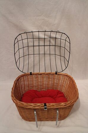 Корзина для велосипеда для собак з прутьями лози з металевою сіткою та подушкою XL або XXL. Велика зручна корзина для перевезення домашніх тварин на велосипеді. Розміри: L 45 x B 24 x H 37 см