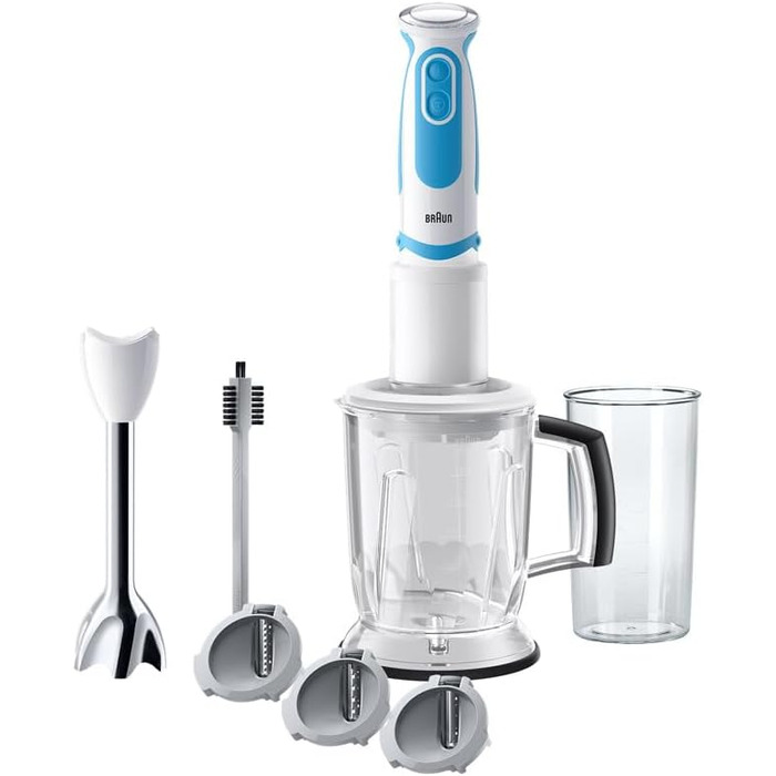 Блендер Braun MultiQuick 5 Vario MQ5260, 1000 Вт, з нержавіючою насадкою, спіралезрізувачем та аксесуарами, білий/синій