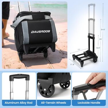 Ізольований холодильник на колесах 48 літрів для пікніка, кемпінгу, риболовлі, пляжу - сірий/чорний