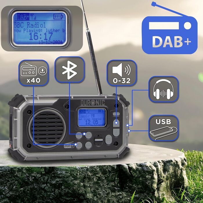 Портативне радіо Duronic SDAB1 на сонячній енергії з ручкою, DAB FM, LED-ліхтар, Powerbank 2000mAh, Bluetooth Speaker