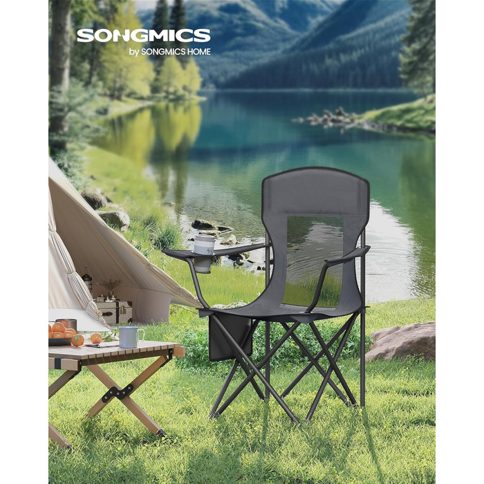 Набір кемпінгових стільців SONGMICS 2 шт, складані, для риболовлі, з високою спинкою, регульованими підлокітниками, підсклянниками, до 150 кг, сірий