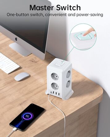 Багаторозкладна мережева панель Sameriver 8-fach з вимикачем, 4 USB, захист від перенапруги, 5 м, біла