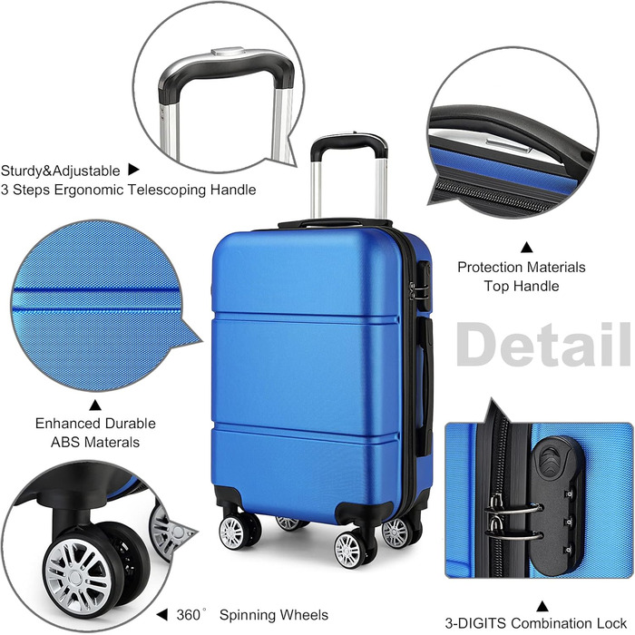 Валіза ручної поклажі KONO з колесами, жорсткий корпус, Trolley 55x38x22 см, 33 літри, ABS, блакитний