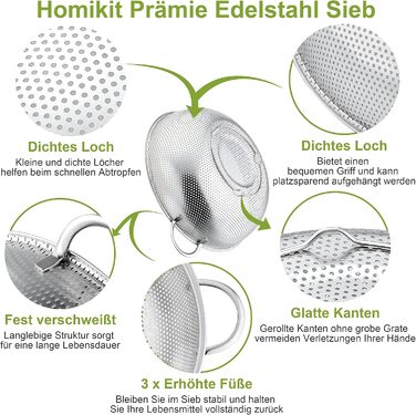 Ніж Sieb Homikit, нержавіюча сталь, сито для макаронів з ручками, мікроперфороване Ø, сито для стікання/миття/проціджування/миття, нержавіюче, здорове та придатне для миття в посудомийній машині (3, 28+22+16 см)