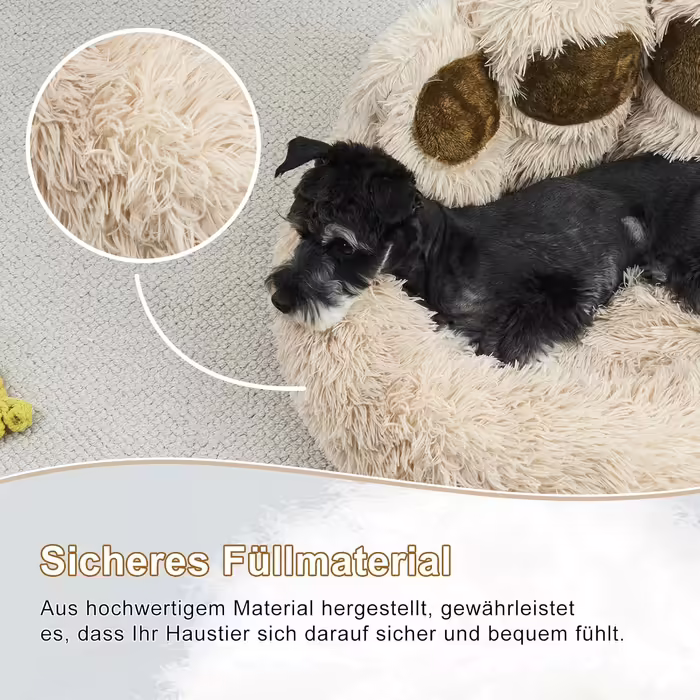Jiupety Pet Round Dog Bed in Paw Shape, Soothing Donut Dog Bed, Faux Fur Cat Bed, Medium Size. The diameter is 56cm, comfortable and soft, machine washable (L 66 cm x W 66 cm x H 20 cm, Camel)
