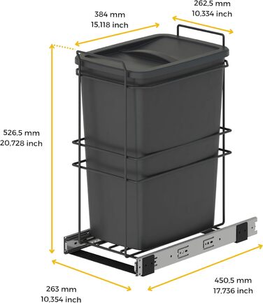 Відро для сміття кухонне Emuca з підвісною системою, 2 висувні контейнери по 20 л, загальний об'єм 40 л (2 x 20 л), сталь та пластик, сірий колір