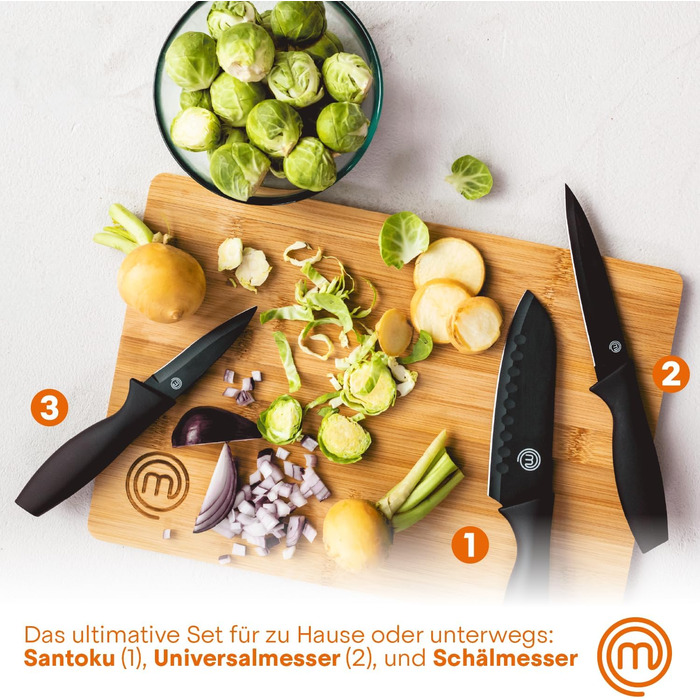 Набір кухонних ножів MasterChef: кухонний, овочевий, для чищення, нержавіюча сталь, антипригарне покриття, Soft-Touch ручки, чорний, 3 шт.