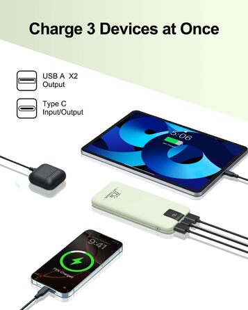 Powerbank 10000mAh 22.5W з LCD-дисплеєм: Швидка зарядка, 3 виходи, 2 входи, USB-C, для смартфонів та планшетів (зелений)