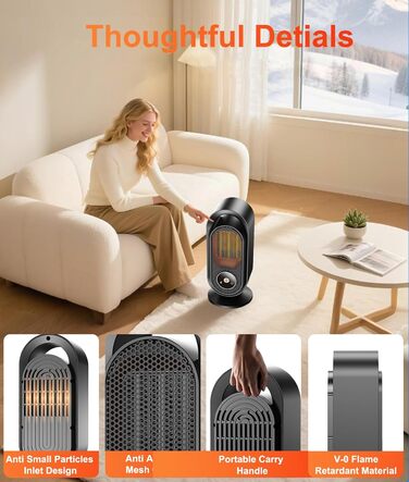 Електричний обігрівач, портативний обігрівач для кімнати, енергозберігаючий 1500W, керамічний з термостатом, таймером та 3 режимами, захист від перегріву та перекидання для офісу та спальні