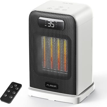 Портативний обігрівач FLANUR з термостатом, 1500W, PTC-керамічний, швидкий нагрів та ECO-режим. 2-в-1 обігрівач, цифровий дисплей, таймер на 12 годин, тихий (до 35dB), білий, 1 шт + 2 режими