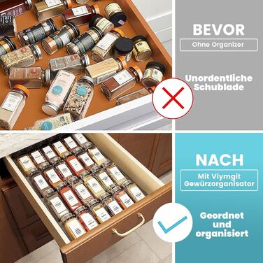 Black Spice Drawer Organizer with 28 Spice Jars, 348 Labels, Sifter and Pour Lids with Airtight Aluminum Caps, 4-Tier Clear Acrylic Drawer Tray Rack with Spice Containers