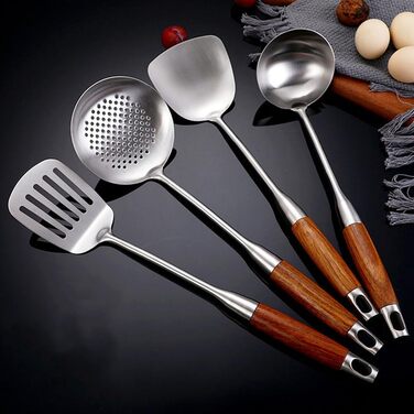 Набір кухонного приладдя з нержавіючої сталі 4 шт. (лопатка, шумовка, сито, лопатка для перевертання), з дерев'яною ручкою, придатний для миття в посудомийній машині