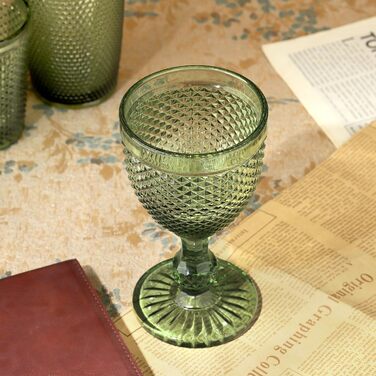 Joeyan 270ml Green Vintage Wine Glasses with Diamond Relief, Colorful Goblet Glasses Wine Goblet Set for Wine Juice Drinks, Set of 4 Retro Drinking Glasses with Stem, Dishwasher Safe