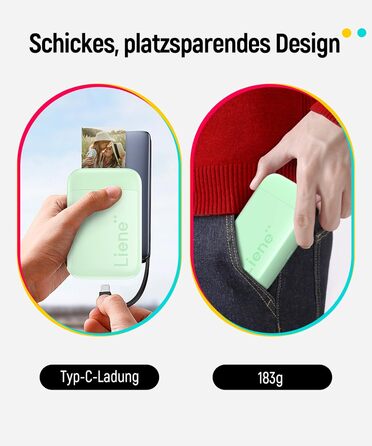 Портативний фотодрук Liene Pearl K100 Mini для смартфонів (5x7 см) - з 50 аркушами Zink фотопаперу з клейкою основою, Bluetooth, 300DPI, сумісний з iOS & Android, вбудований акумулятор, білий/зелений