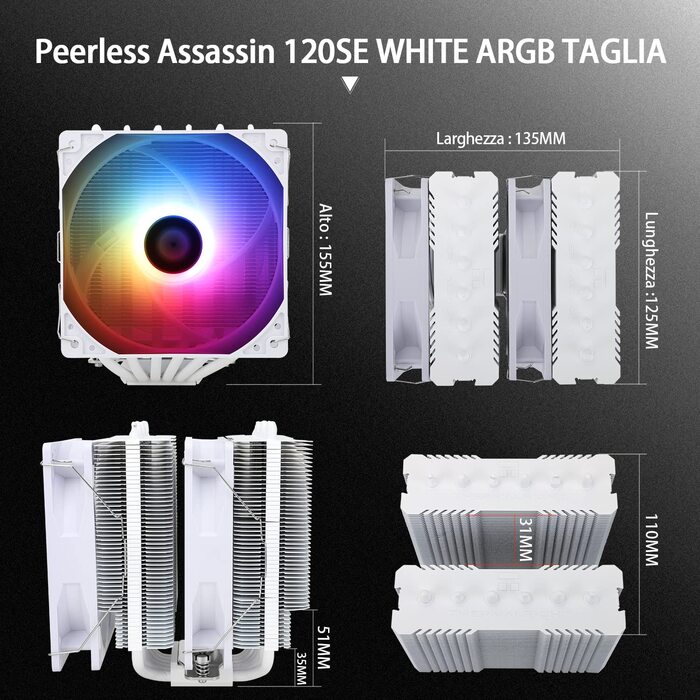 Thermalright Peerless Assassin 120 SE ARGB: Повітряний кулер для CPU з RGB підсвічуванням, 6 heatpipes, 120mm вентилятор, підтримка AMD AM4/AM5 та Intel 1700/1150/1151/1200
